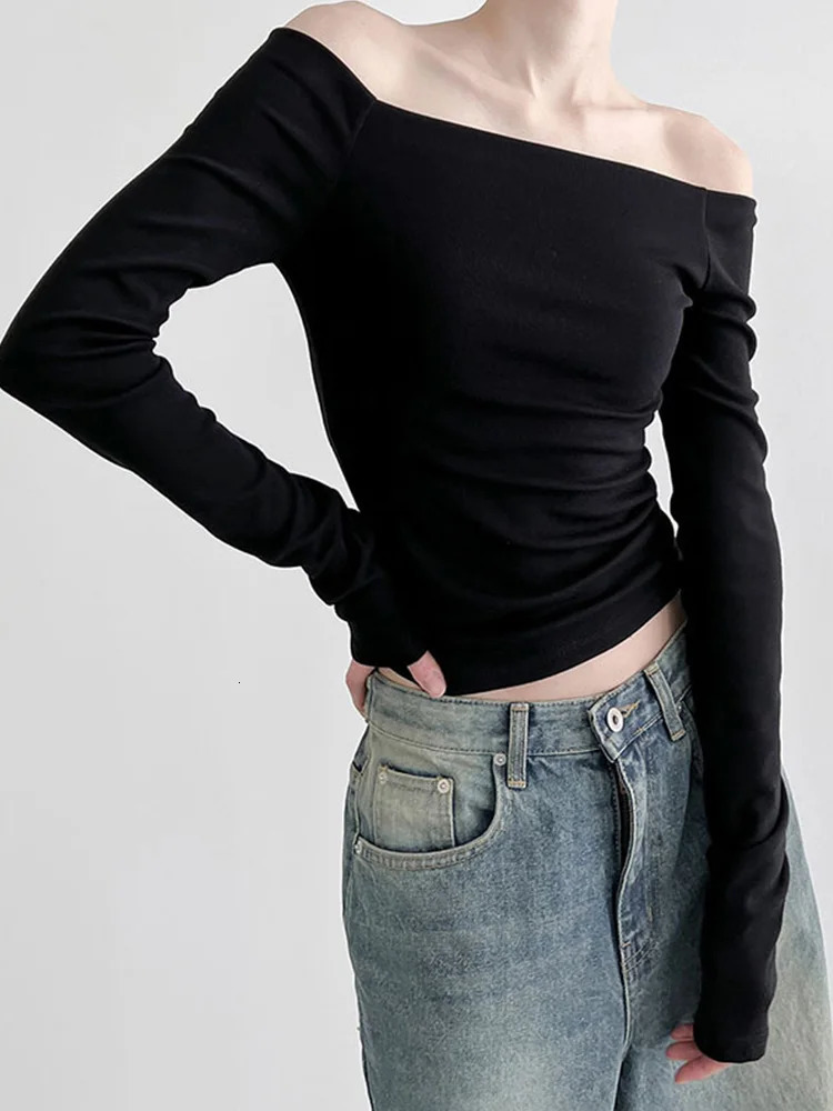 Black Solid Slash Neck Elegant Long Sleeve Tops Korean Fashion Slim Sexy Cropped T Shirt Women Fall Clothing 250208