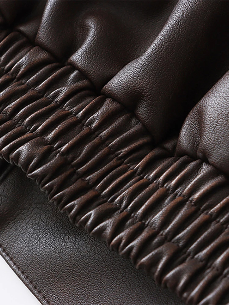 Vintage Women PU Leather Jacket Fashion Lapel Full Sleeve Zipper Packets Female Coat Autumn Locomotive Loose Ladies Streetwear 250213