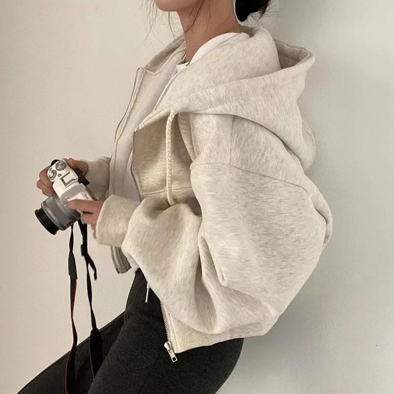 Autumn Winter Hooded Hoodies Women Casual Streetwear Zip Up Sweatshirts Long Sleeve Jackets Harajuku Y2K Crop Tops Hood Shirt 250213
