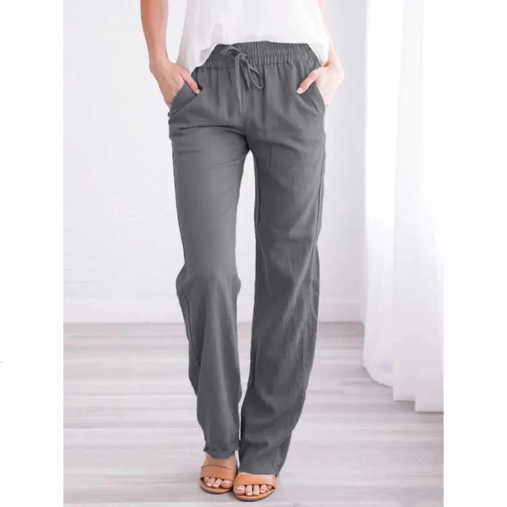 Women Cotton Linen Drawstring Pants Elastic Waist Casual Solid Color Trousers Baggy Loose Straight Leg Breathable Sweatpants 250211