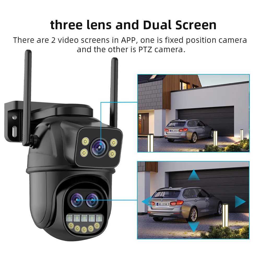 Smart Home Security System 9MP 5K HD WiFi IP Camera Outdoor 8x Zoom Three Lens Dual Screen PTZ Camera Auto Tracking Home Security CCTV Surveillance 4M