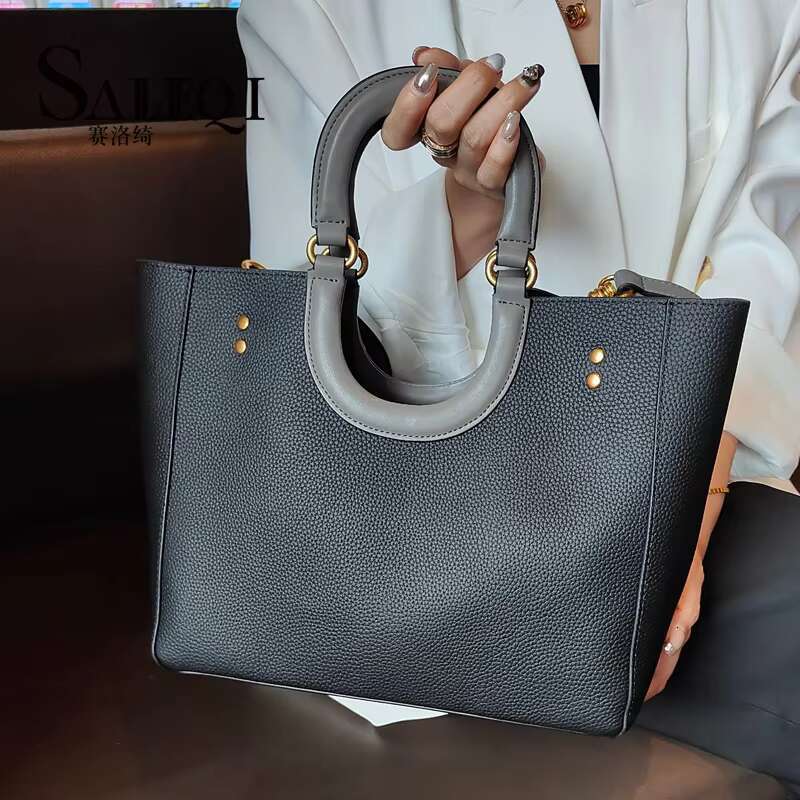 New Genuine Leather Women's Retro Casual Contrast Tote Commuting Large Capacity One Shoulder Handbag Crossbody Bag