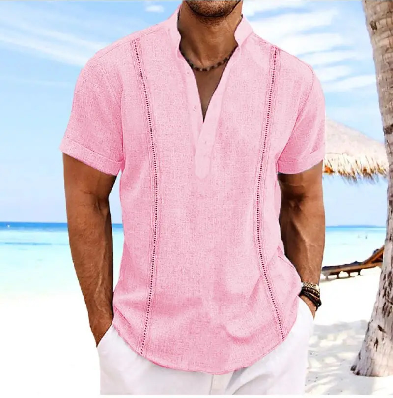 Mens stand collar solid color Cuban cotton hemp beach pullover short-sleeved slim-fit quick dry suction Han-white sports mens 250211