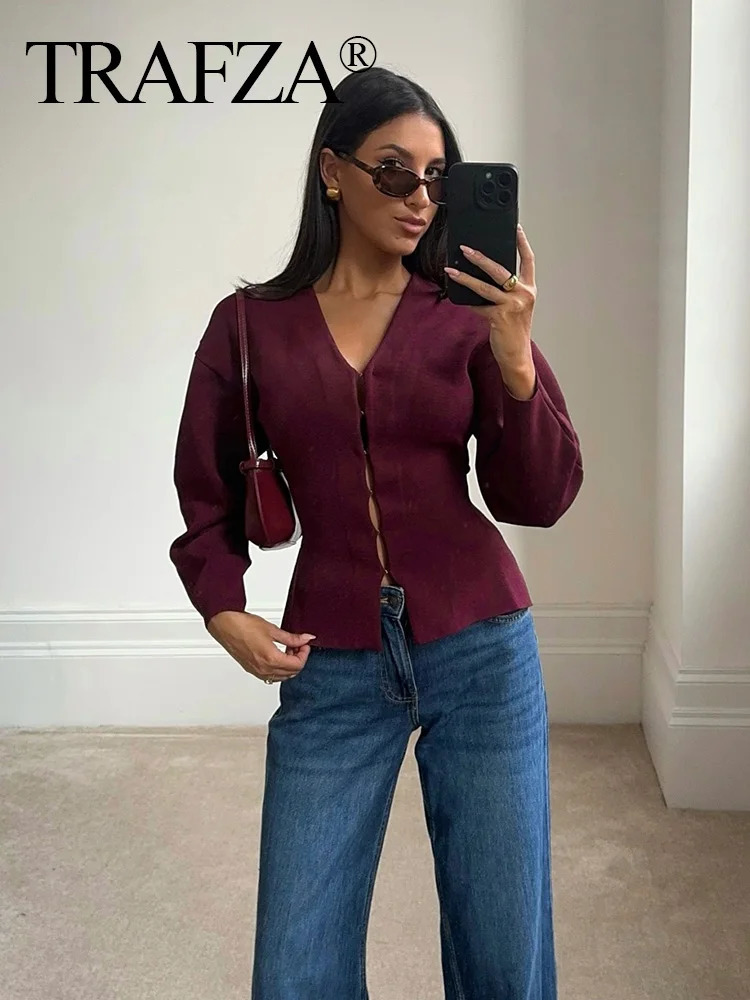 TRAFZA Women Elegant Knitted Coats Fashion Burgundy Red V-neck Slim Cardigan Autumn Office Lady Chic Solid Long Sleeve Outerwear 250213