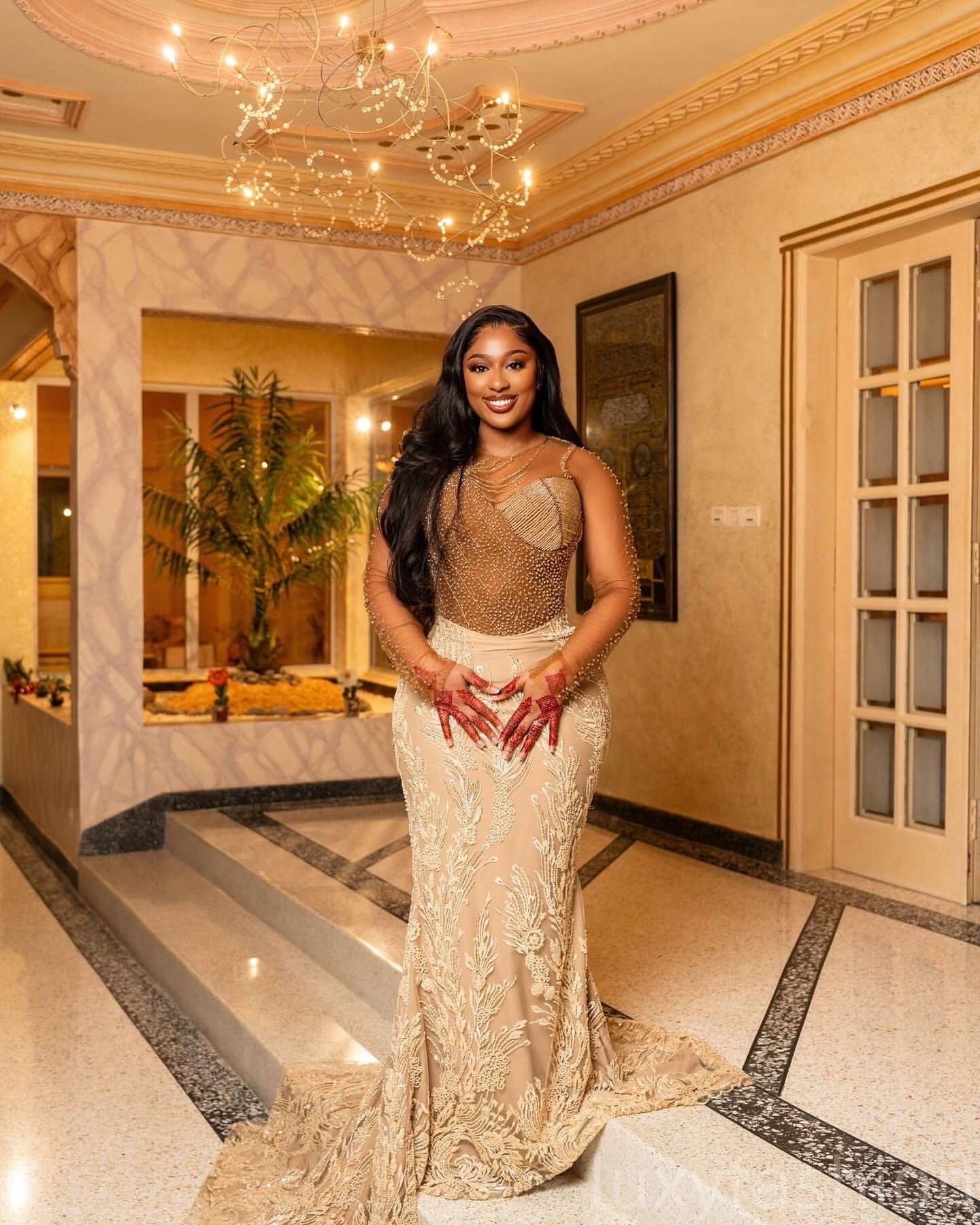 Aso Ebi 2025 Gold Illusion Mermaid Prom Dresses Beaded Lace Full Sleeves Vintage Evening Formal Party Second Reception Birthday Gowns Dress For Specia