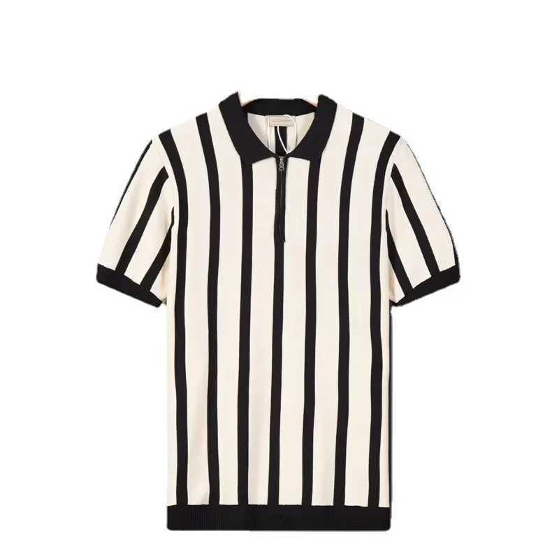 Japanese Half Zipper Light Luxury Striped Polo Shirt Light Style Summer Men Short Sleeve T-shirt Korean Knit Casual Half Sleeve X250213