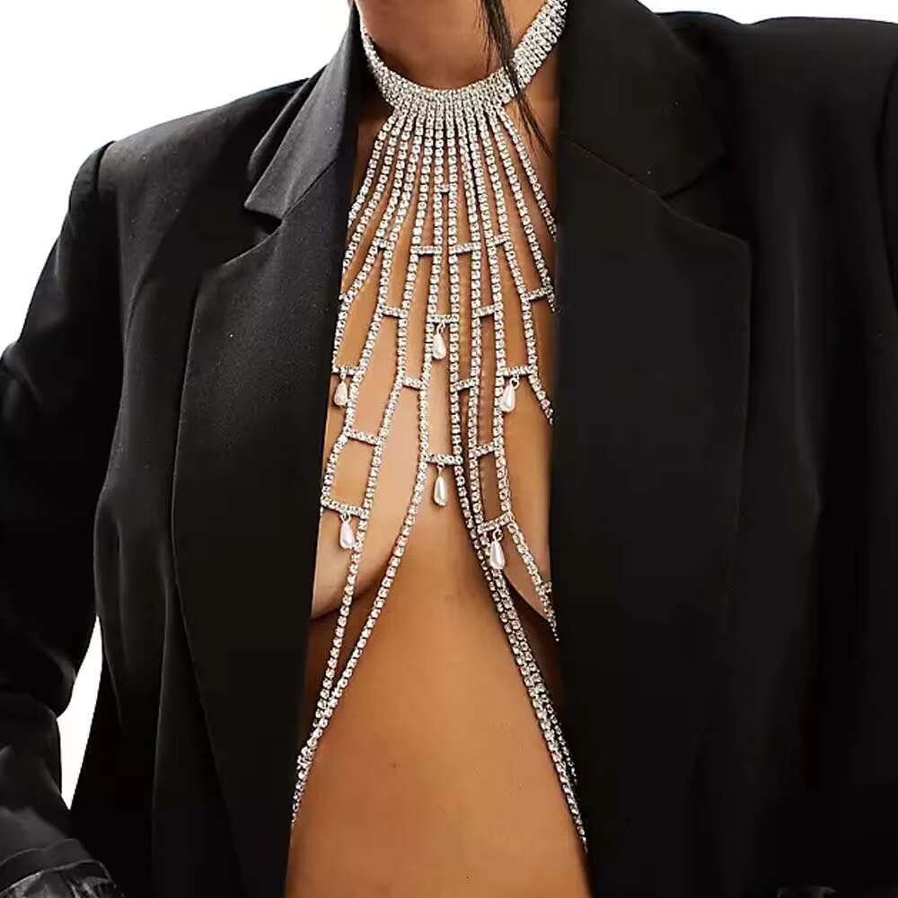 Stonefans Neck Pearl Mesh Novelty Chest Chain For Women Bikini Jewelry Design Rhie Club Sexy Gerie Nightwear Costume