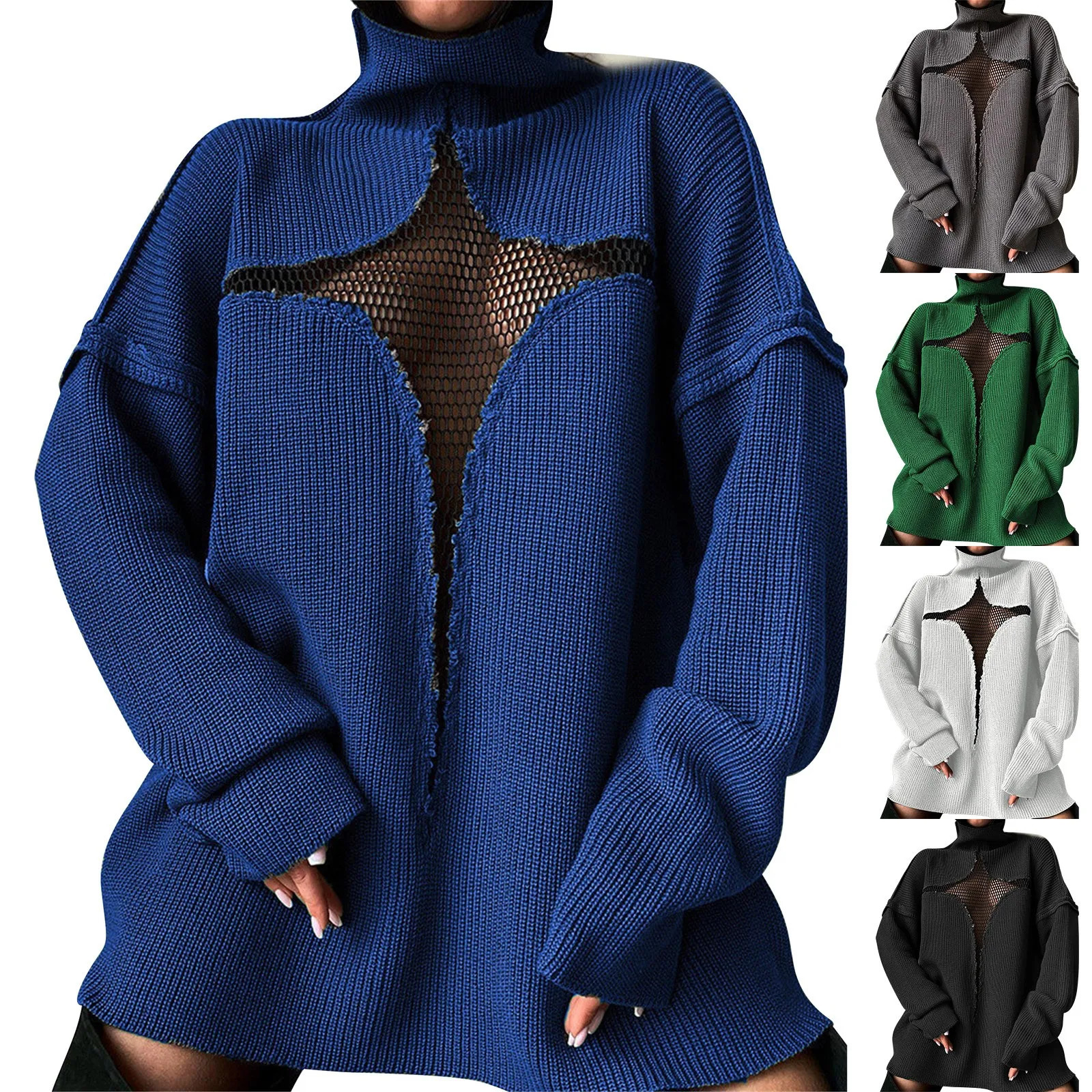 Womens Sexy Mesh Loose Knitted Hollow Pullover High Neck Sweater Autumn And Winter Jumper Knitwear Turtleneck Streetwear 250210