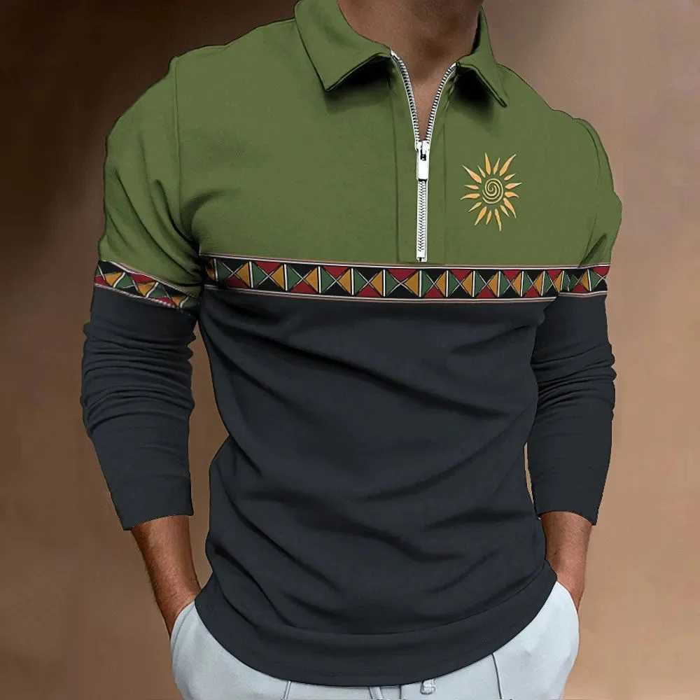 Mens polo shirt retro color printed fashionable sports lapel clothing mens T-shirt top casual zipper long sleeved clothing X250213