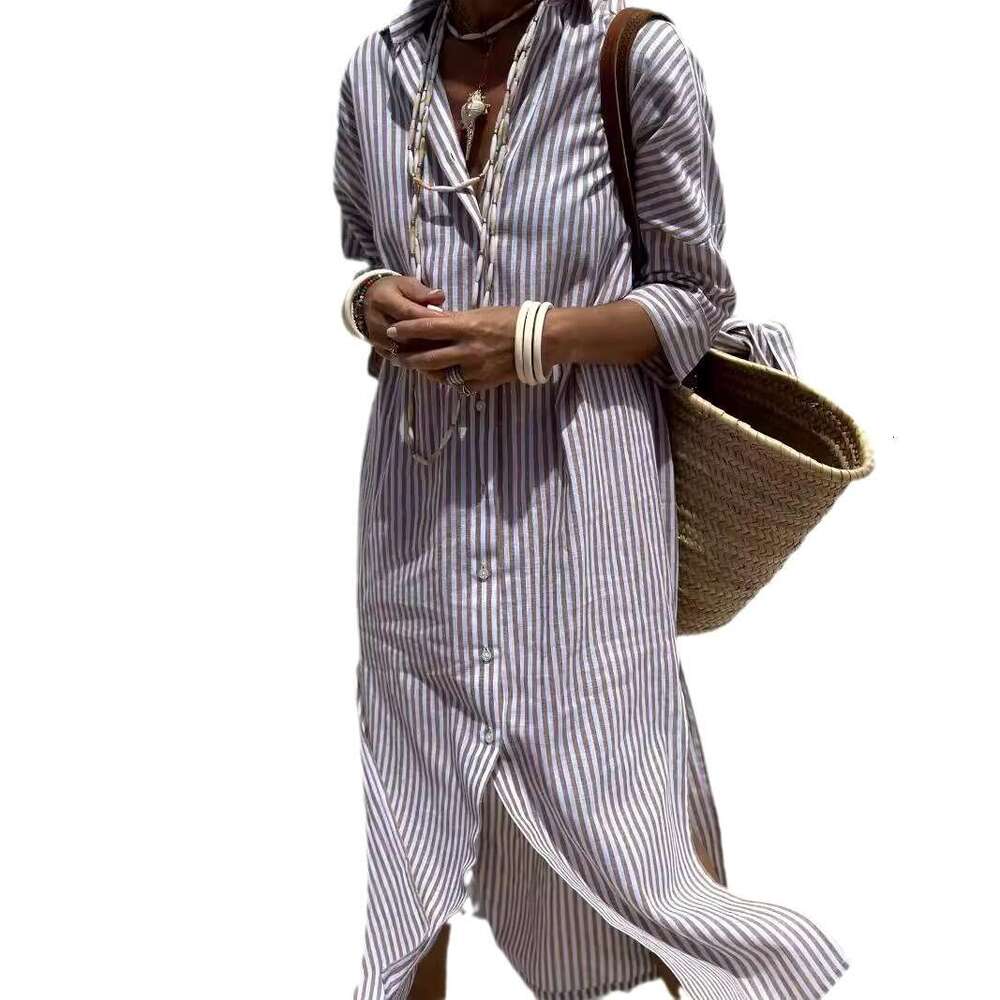 European and American women's five quarter sleeve striped cardigan, lapel shirt dress 8061, 2025 new casual versatile fashion clothing