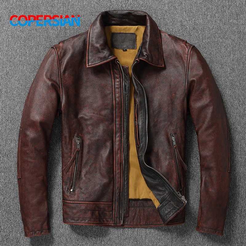 Top layer Cow Oversized Leather Jacket Red-Brown American retro Motorcycle Style Color Distressed High Sense Coat X2502131