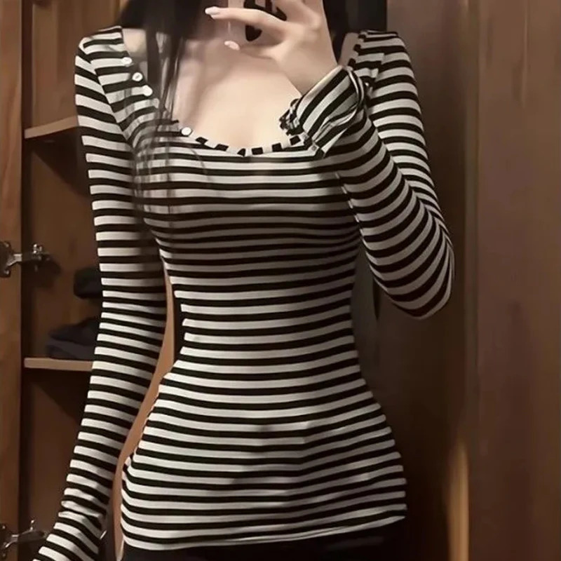 JMPRS Women Y2K Striped T Shirt American Sexy Slim Long Sleeve Crop Tops Spring Korean Fashion Harajuku Chic Ladies Tees 250211