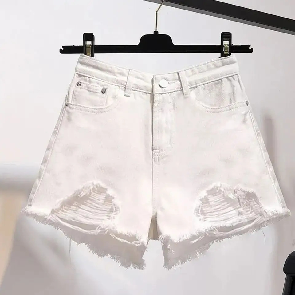 Summer Womens Cowboy Shorts Korean High Waist Casual Denim Shorts Pocket Tassel Perforated Ripped Holes Y2K Girls White Jeans 250213