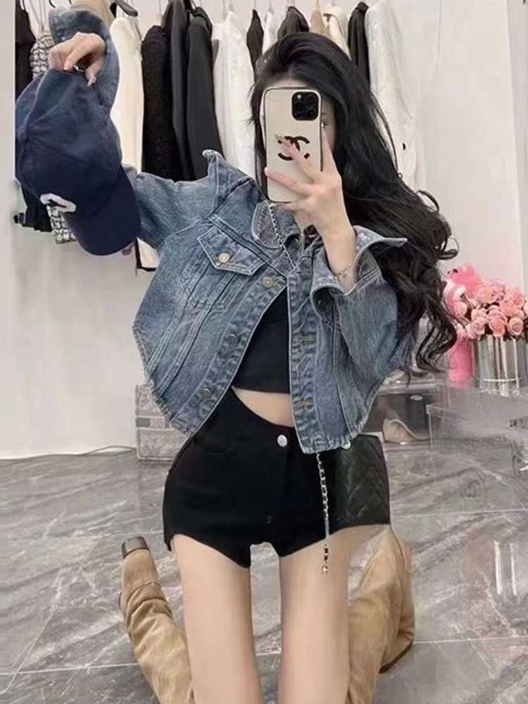 American Vintage Cropped Jackets Women Denim Chic Design Hip Hop Streetwear Young Slim Outwear Long Sleeve New Spring Popular X250213