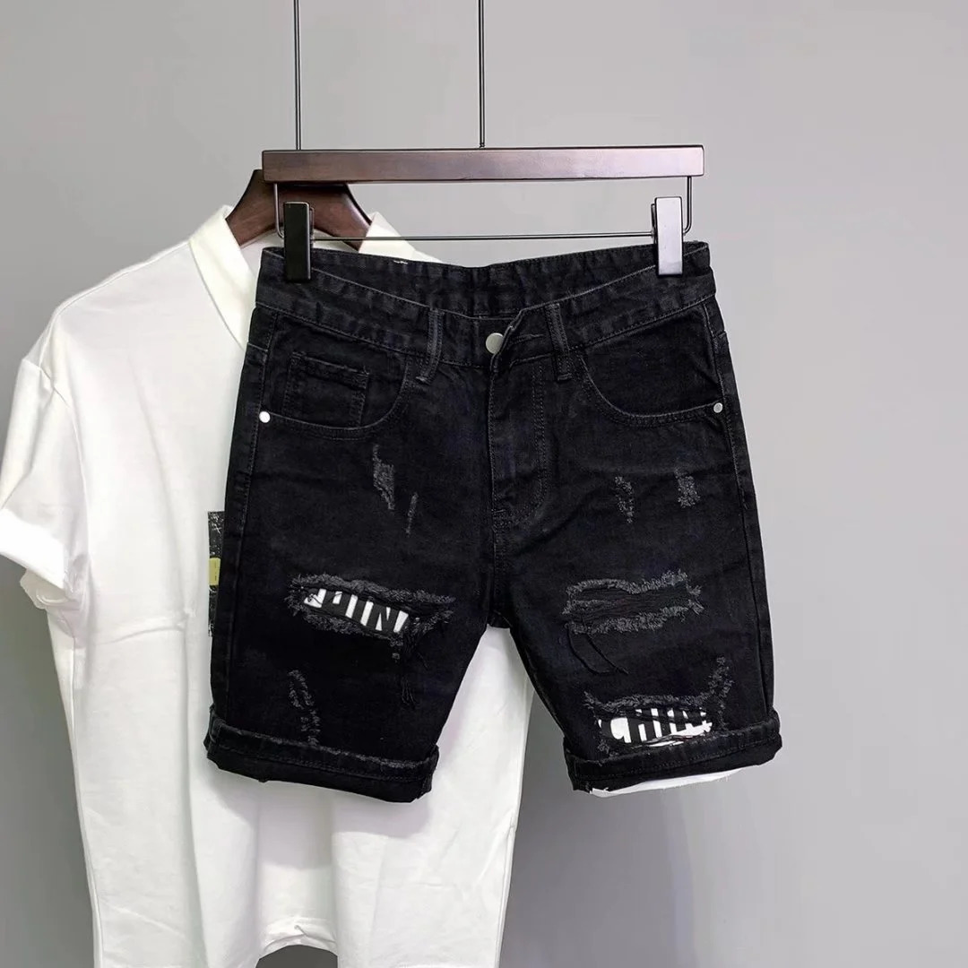 Summer Mens Black Hole Stickers Slim Denim Short Pants Korean Fashion Hip Hop Leggings Harajuku Fashion Men Black Jeans Shorts 250213