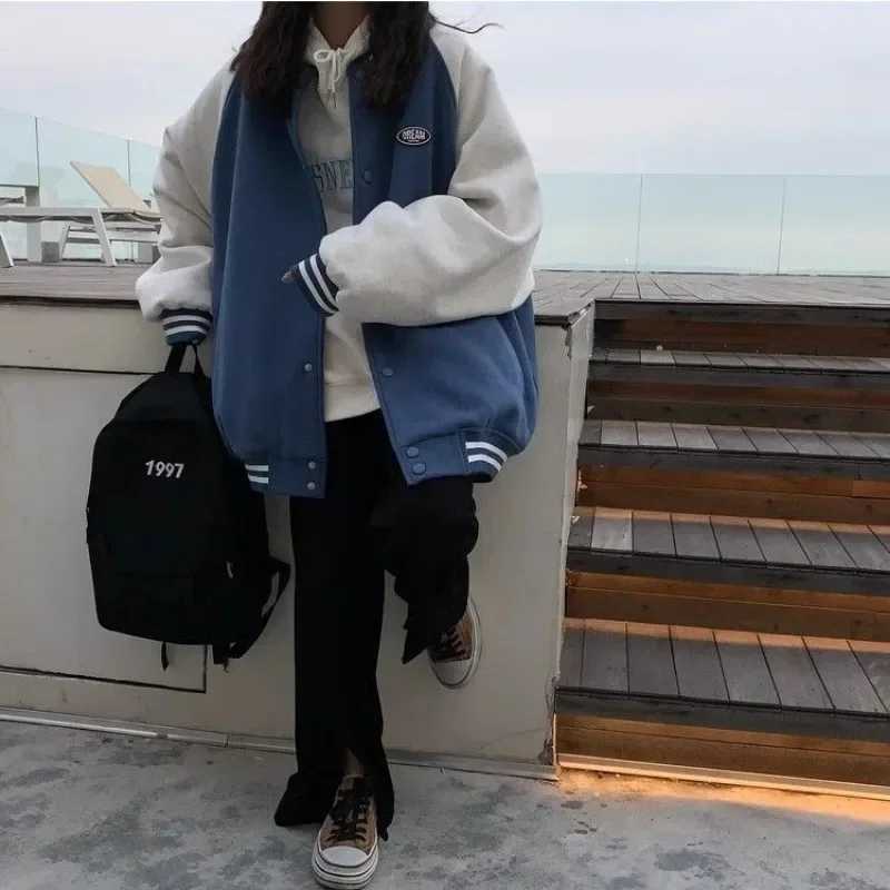 Bomber Jackets Loose Fashion Patchwork Outerwear Hooded Women Long Sleeve Y2k Preppy Style American Vintage Blue White Coats X250213