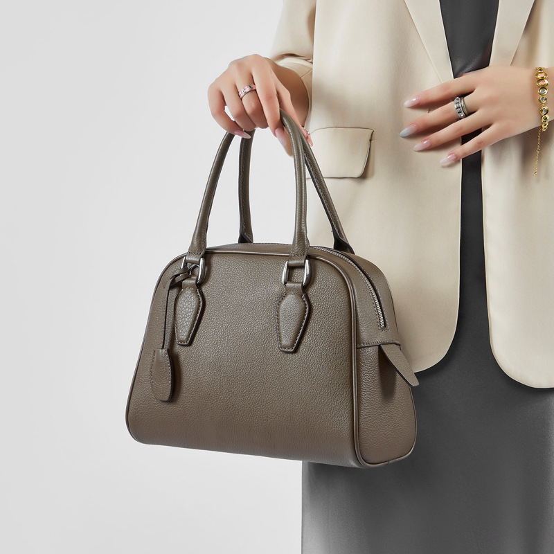 Bag New Top Layer Cowhide Minimalist Boston Bowling High-End Leather Women's Large Capacity Handbag Pillow Bag
