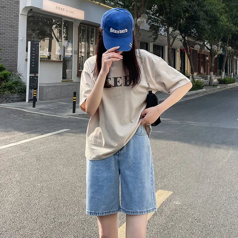 Summer High Waisted Shorts Women Casual Jeans Shorts Female Loose Fashion Korean Womens Straight Leg Short Pants Knee Length 250210