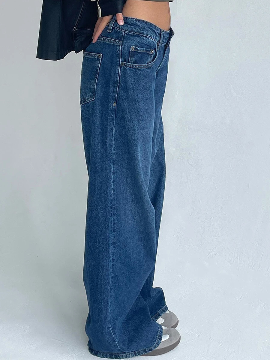 Womens Low Rise Jeans Wide Leg Trousers with Multi Pockets Oversized Length Buttons and zip Washed Denim Pants 250121
