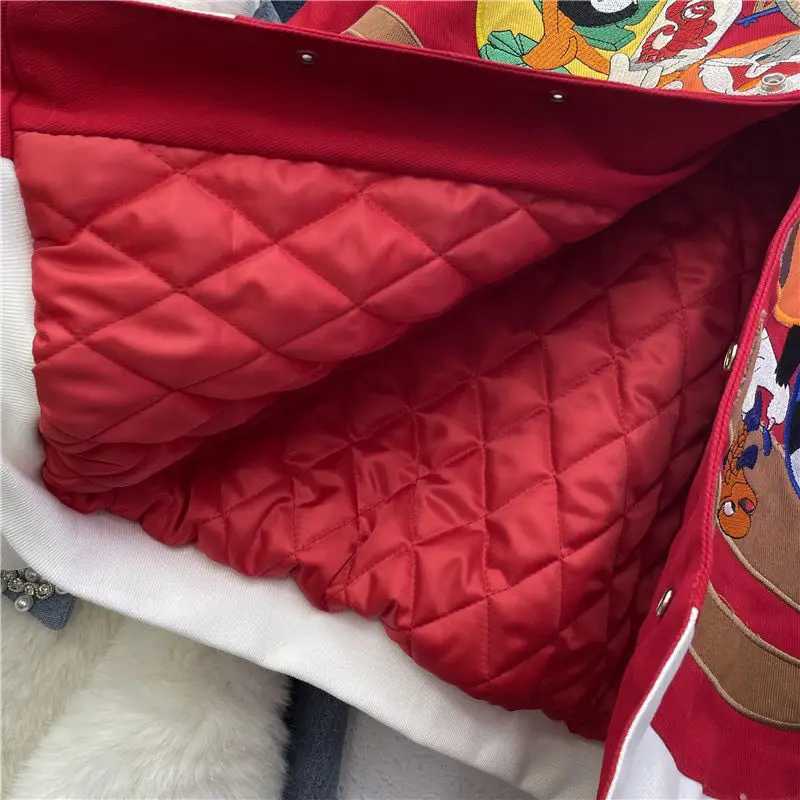 Cartoon Embroidery Bomber Jacket Harajuku Hip Hop Tide Baseball Uniform Autumn Winter Coat Warmth Mens Womens Motorcycle Suit X250213