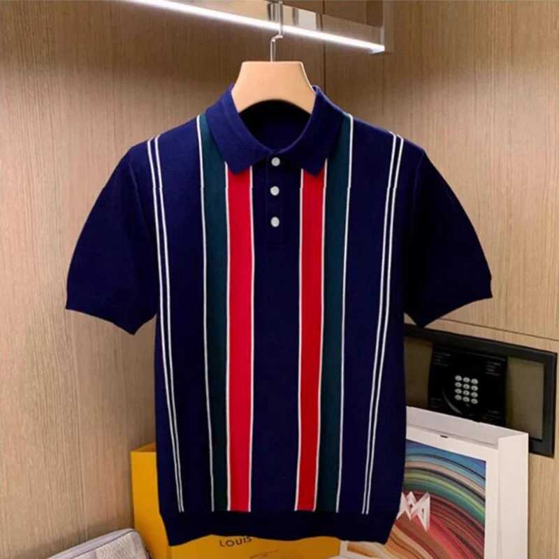 Luxury Striped Knitted Mens Polo Shirts Fashion Contrast Color Short Sleeve Slim Polo Tops Men Summer Vintage Button Lapel Polo X250213
