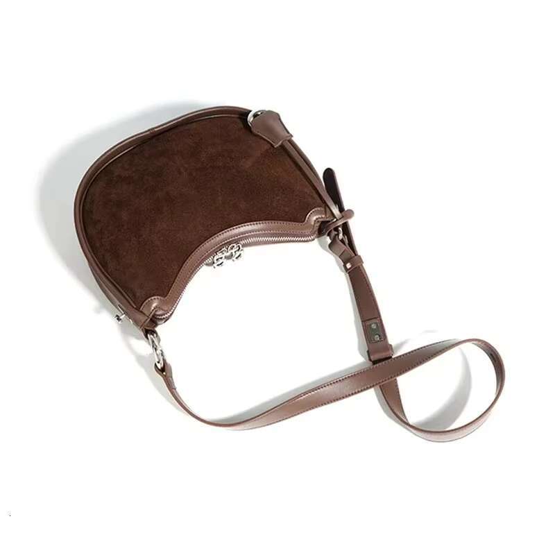New Genuine Suede Frosted Leather Women's Handbag Shoulder Fashionable And Simple Crescent Bag Coffee