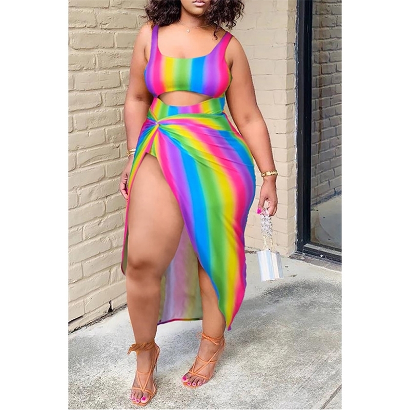 Plus Size Multicolor Casual Rainbow Print Hollow Sleeveless Wrap Two Piece Split Tankinis Swimsuit 250122