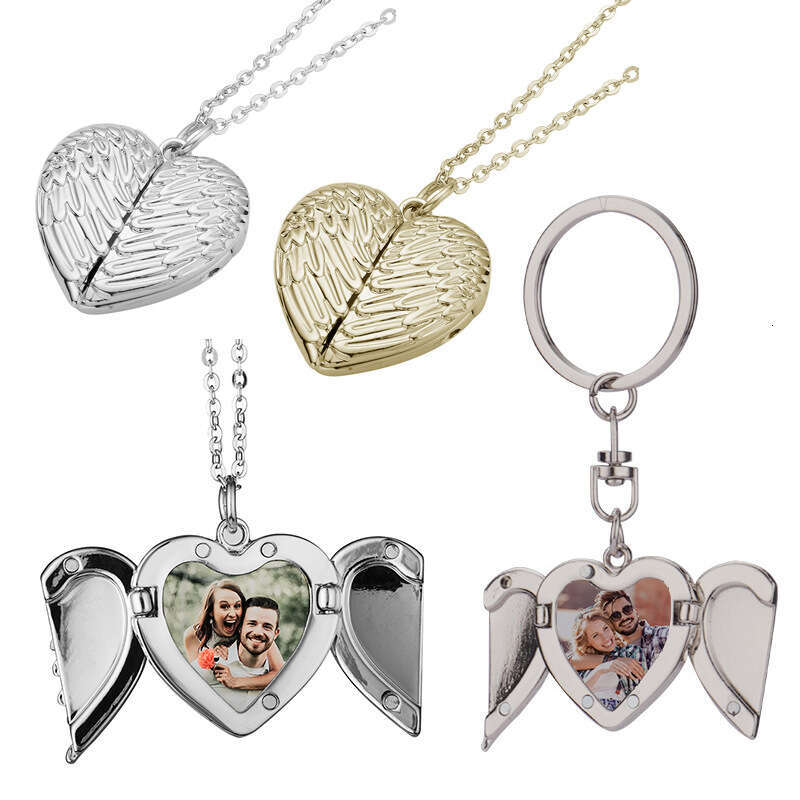 Jewelry Valentine's Day Necklace Heat Transfer Printing Angel Wings Couple Heart shaped Pendant