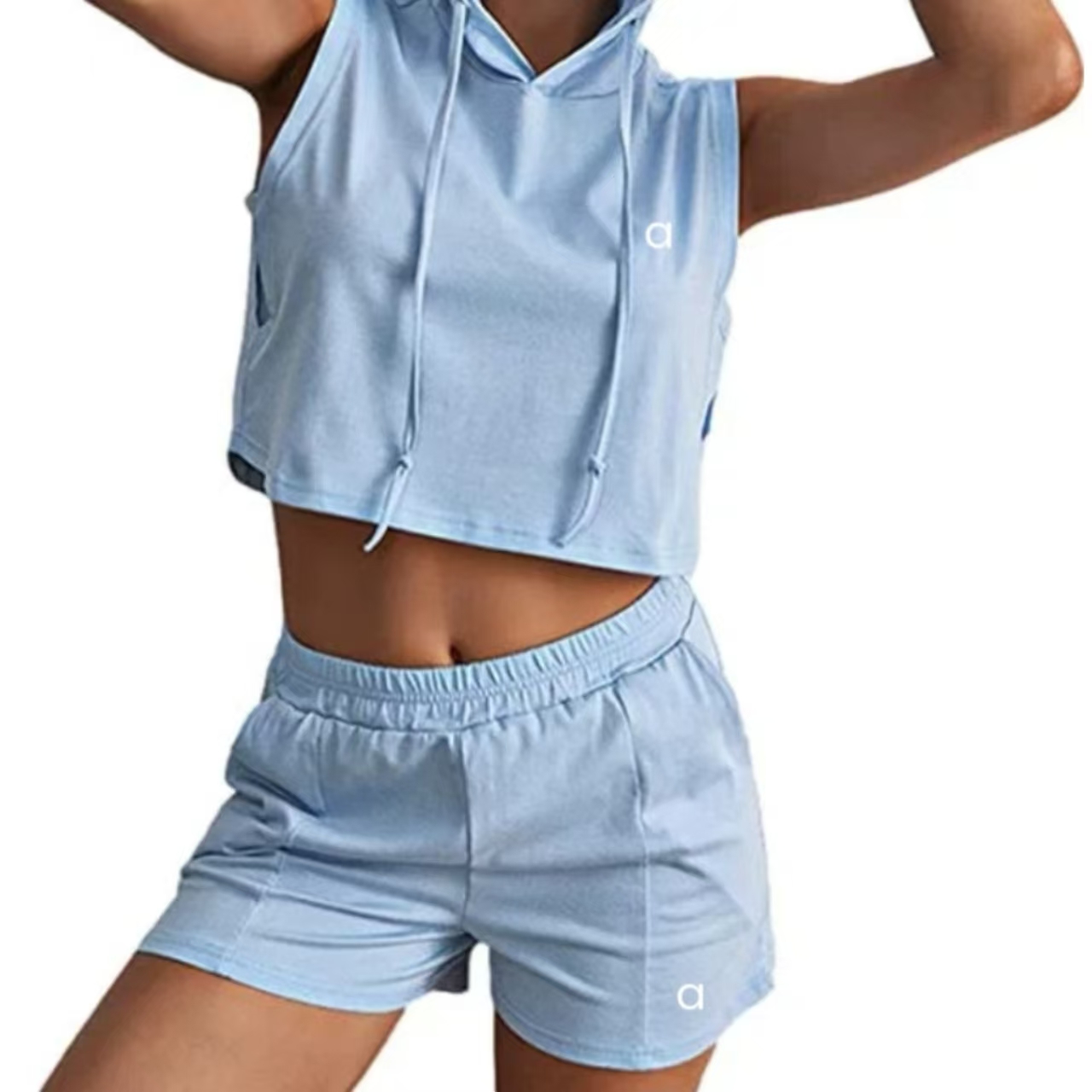 a2304 Women Sports Hooded Tank Suit Yoga Jogging Two Piece Set Summer Sleeveless Fitness Sweatshirt Workout Hoodie Shorts Jogger Suit Gym Tracksuit