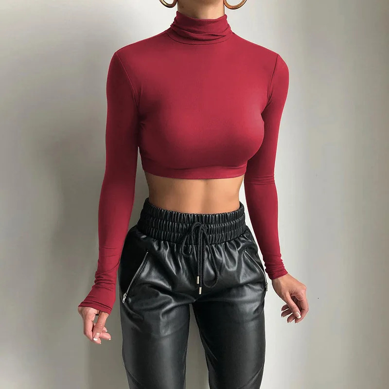 Fall Winter Long Sleeve Crop Top Women Shirts Harajuku Solid Black Streetwear Sexy Clothes Turtleneck Basic Short T Shirt Femme 250211