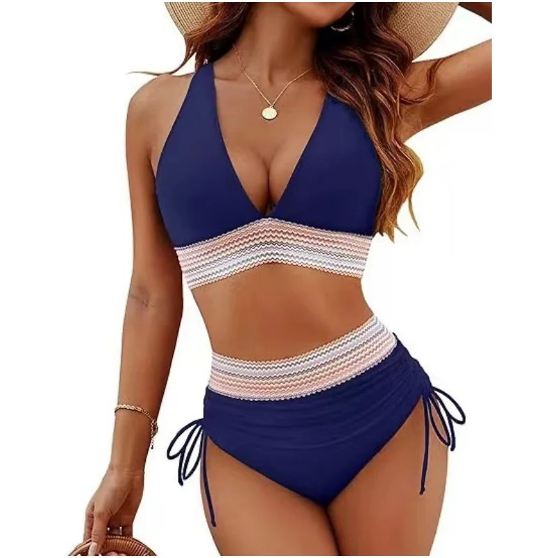 Pink Bikini Sets Bathing Suits for Women Two Piece Bikini Set Tether Tie High Waist V-neck Gathering Chest Swimsuit 250213