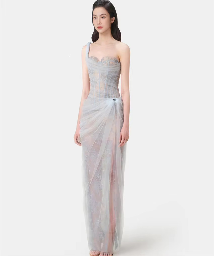 Runway Fashion Sexy Summer One Shoulder Prom Party Long Dress For Women's Sleeveless Mesh Lace Sequin Twist Split Evening Robe