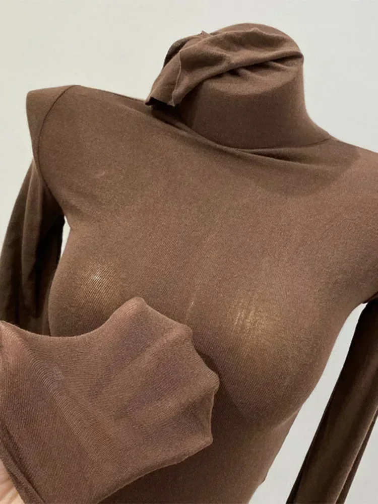 Turtleneck ultra-thin high-quality plain weave T-shirt for women cotton elastic basic womens top long sleeved sexy thin T-shirt See Through 250208