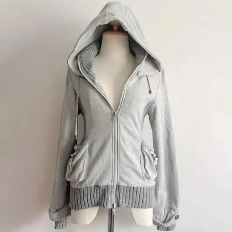 Hiphop Trendy Streetwear Y2K Harajuku Punk Street Retro Solid color Zipper Hoodie Women Punk Casual Slim fit type Sweatshirt 250211