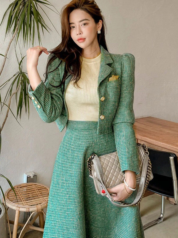 Fashion Women Office Outfit Stripe Vintage Lady Single Breasted Short Blazer Coat Suit Jacket High Waist Midi Skirt 2 Piece Sets 250213
