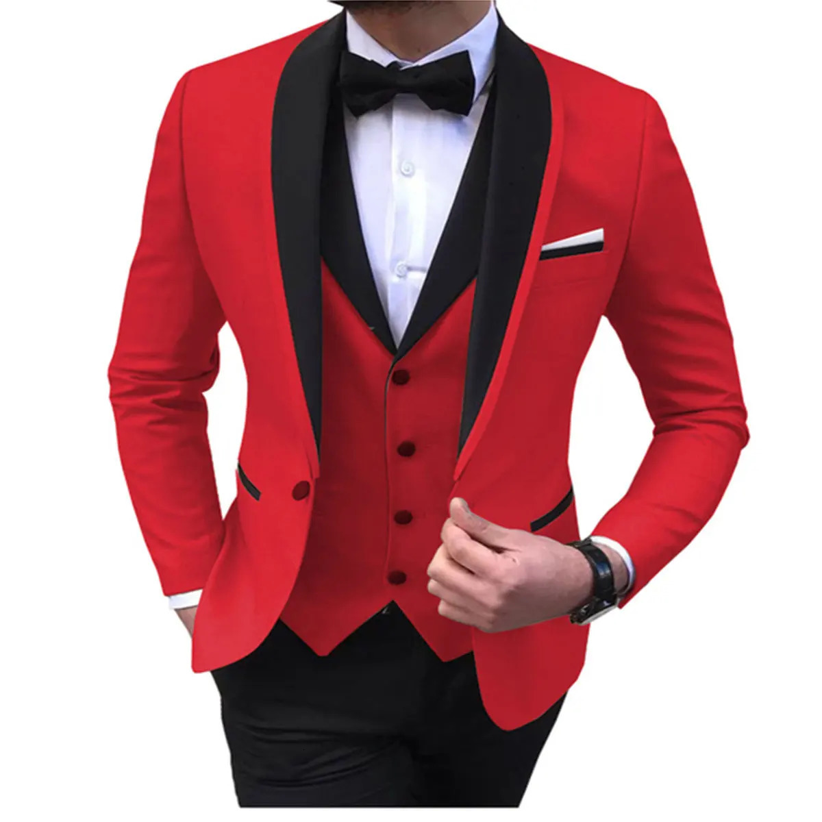Blue Slit Mens Suits 3 Piece Black Shawl Lapel Casual Tuxedos for Wedding Groomsmen Suits Men BlazerVestPant 250210