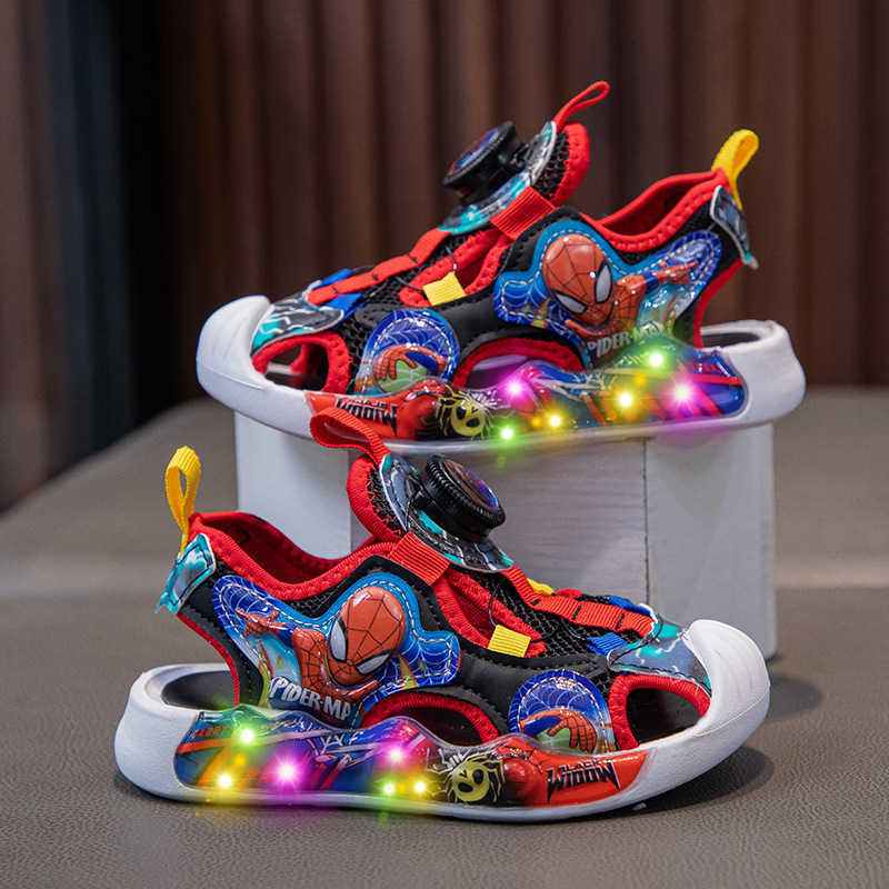 Sandals Childrens beach shoes boys sports sandals Ultraman summer hollow mesh illuminated anti kick cartoon frame shoes H250212
