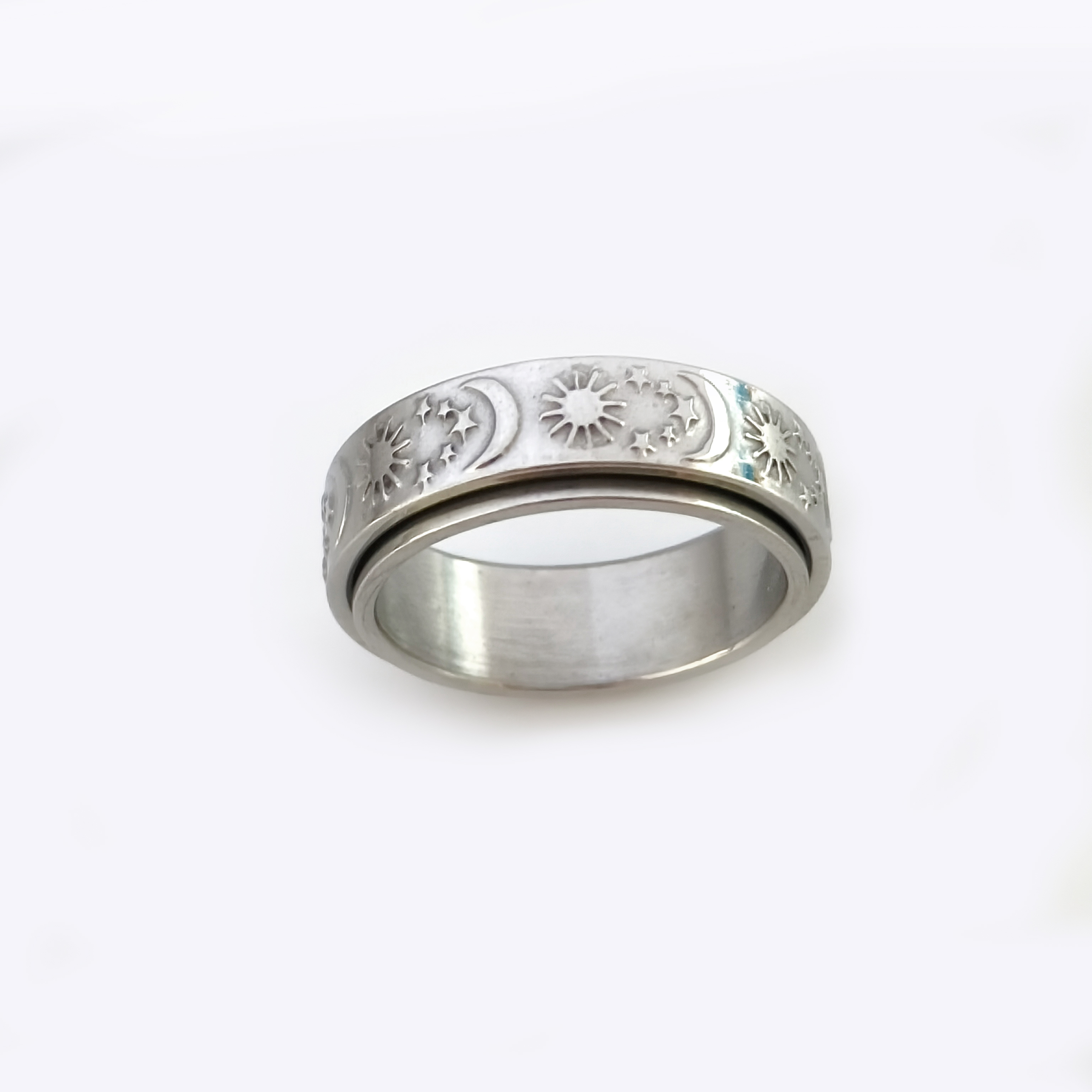 Sun Moon and Stars Spinning Fingertip Gyro Men Women Stainless Steel Spinning Engagement Wedding Ring 8mm