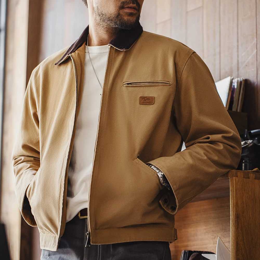 Maden Retro Canvas Detroit Hunting J001 Jacket with Heavyweight Cotton Pockets Design Lapel Collar Zipper Coat for Mens Autumn X250213