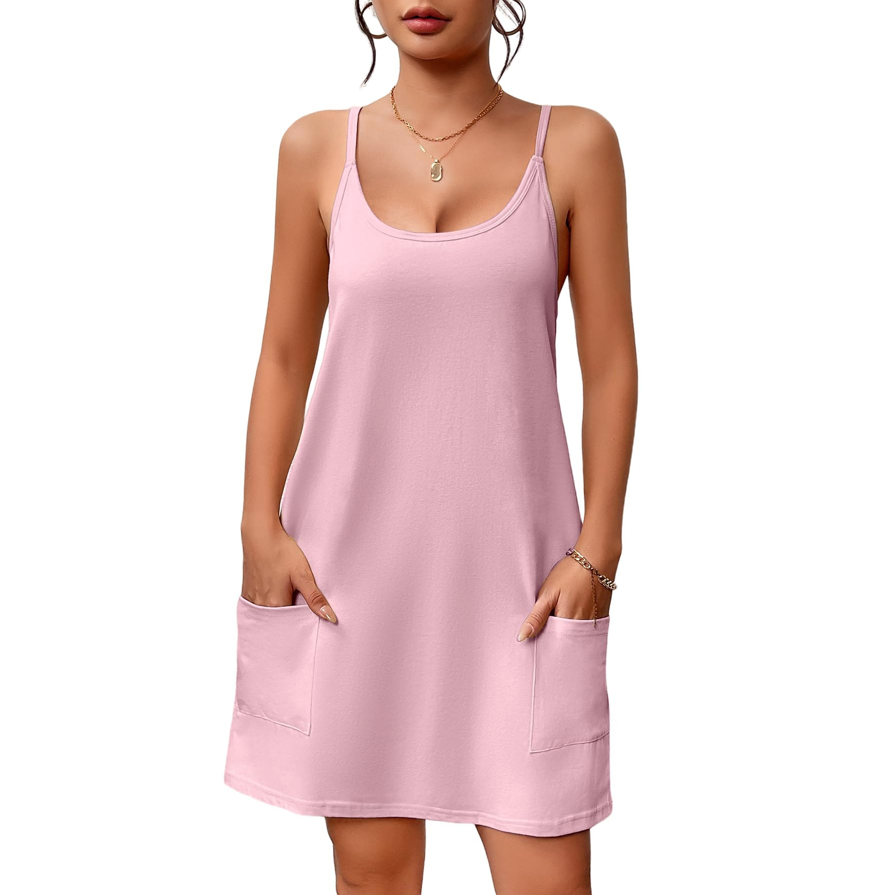 B690-European and American women's home clothes nightdress with pockets three-quarter sleeves short style