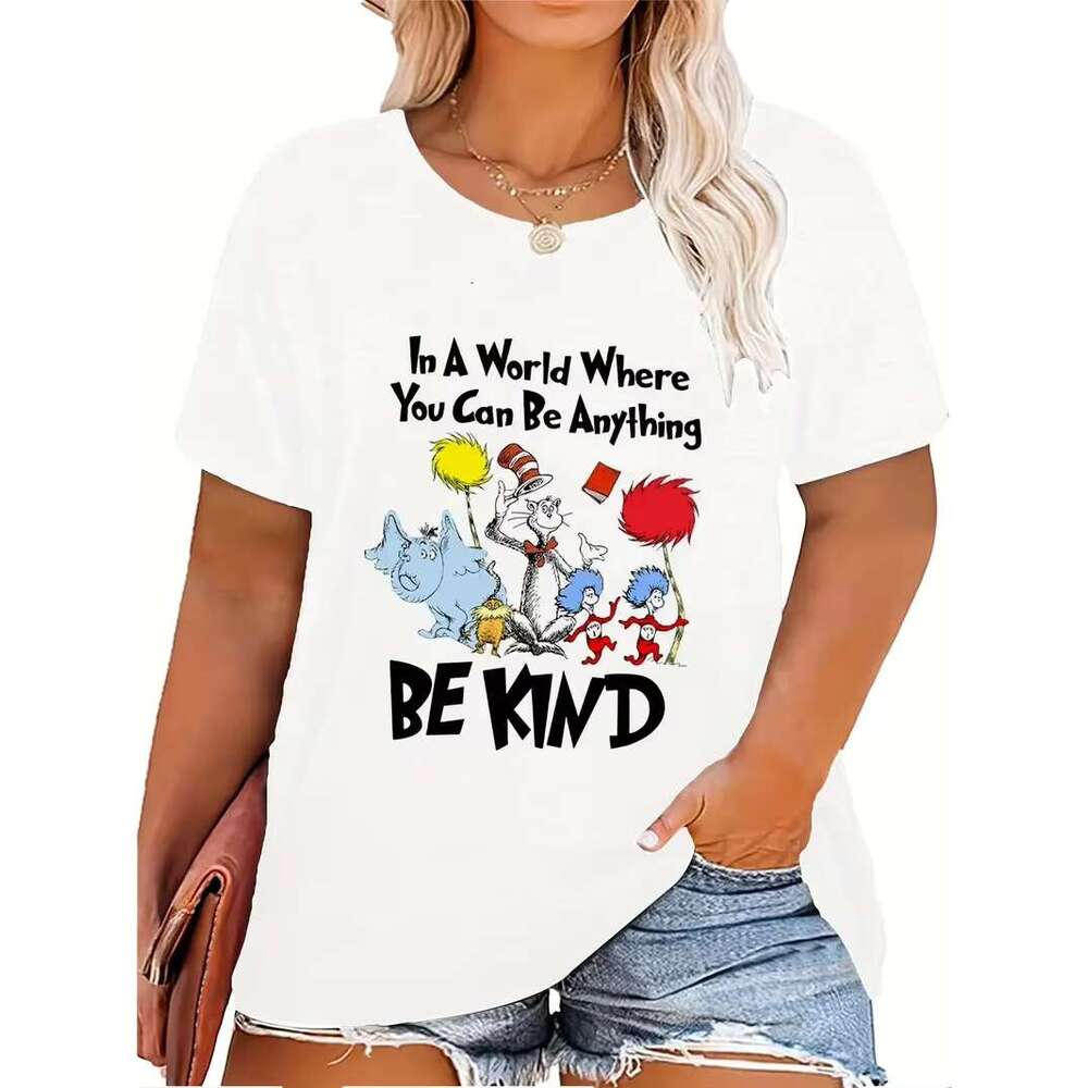 Size Casual T-Shirt Women's Plus Animal & Letter Print Short Sleeve Round Neck Medium Stretch Top
