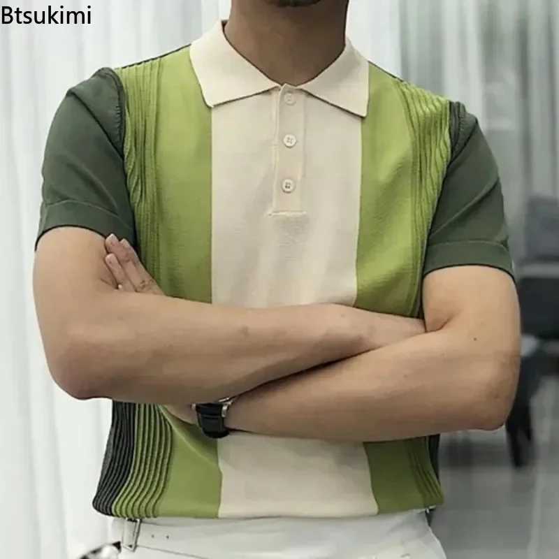2025 Summer Mens Short sleeved Knitted Polo Shirt with Retro Fit Elastic T-shirt Top Business and Leisure Mens Shirt X250213