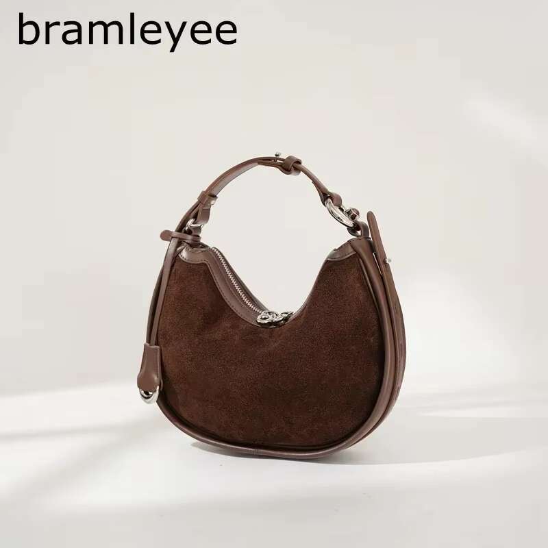 New Genuine Suede Frosted Leather Women's Handbag Shoulder Fashionable And Simple Crescent Bag Coffee