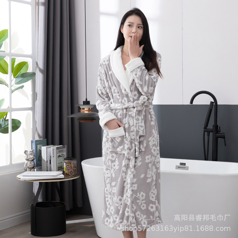 B689-Thickened jacquard coral fleece nightgown for men and women long plush bathrobe lapel home clothes