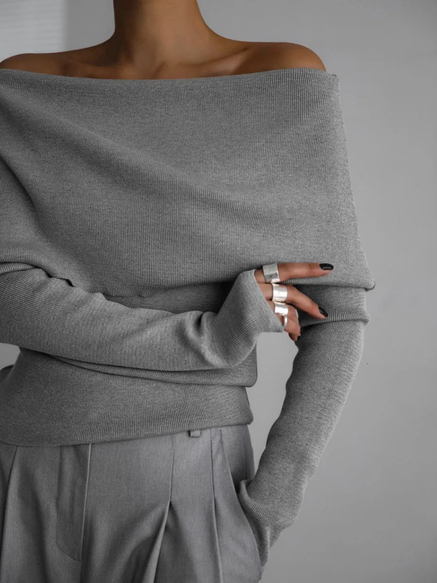 Womens Off Shoulder Sweater Spring Autumn Long Sleeve Slim Knitted Top Pullovers Jumper High Stretch Bottoming Shirts Winter 250210