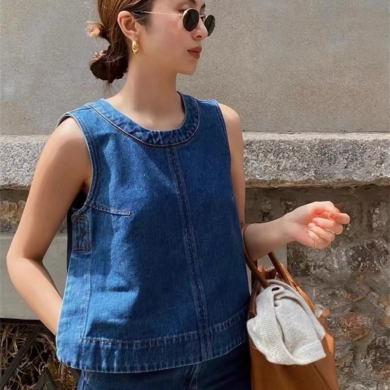 Blue denim vest suit sleeveless top jeans casual womens pants two-piecet 250122