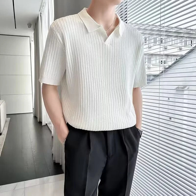 Summer Clothing Mens Light Knitted Solid Color Polo Shirt Fashion Striped V-Neck Short Sleeve Leisure Fashion Knitwear 250208