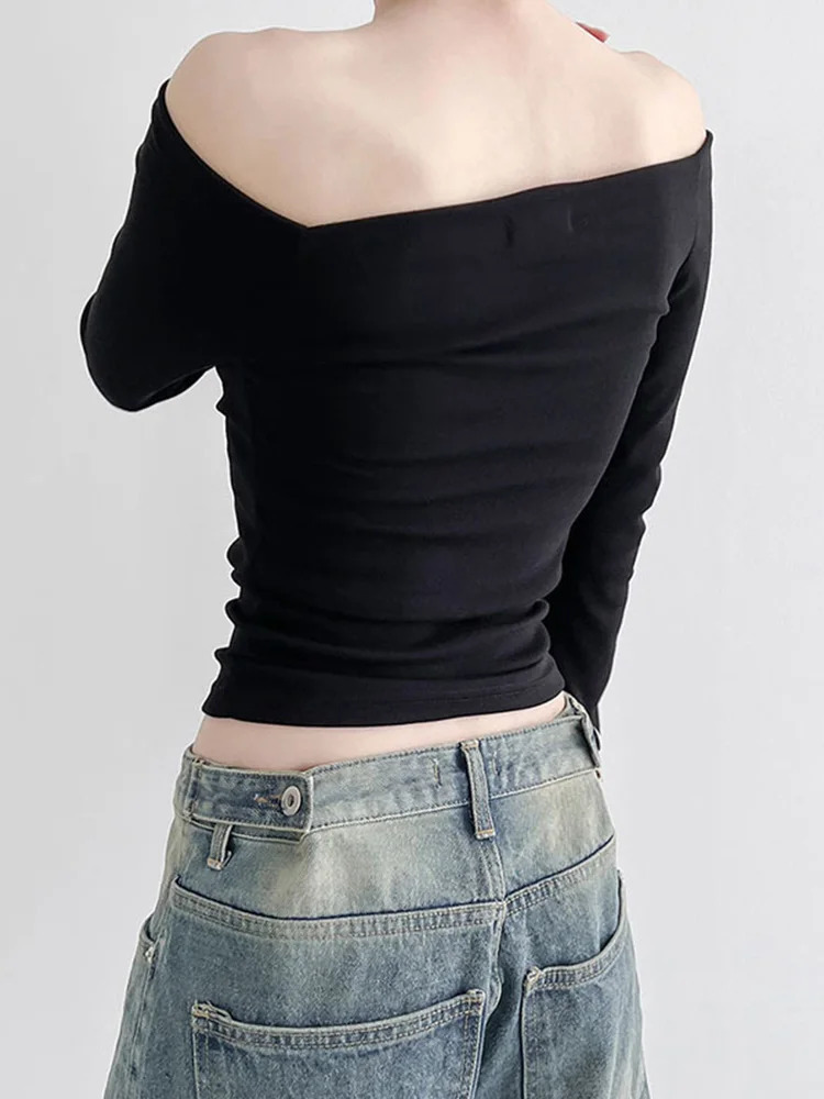 Black Solid Slash Neck Elegant Long Sleeve Tops Korean Fashion Slim Sexy Cropped T Shirt Women Fall Clothing 250208