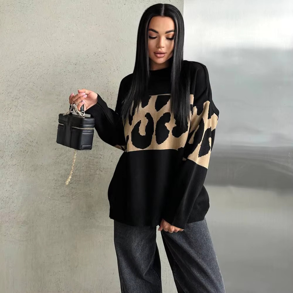 Autumn Winter Vintage Leopard Print Women's Sweater Loose Causal Oversized Knitwear Women Fashion Oneck Female Clothing 2025New
