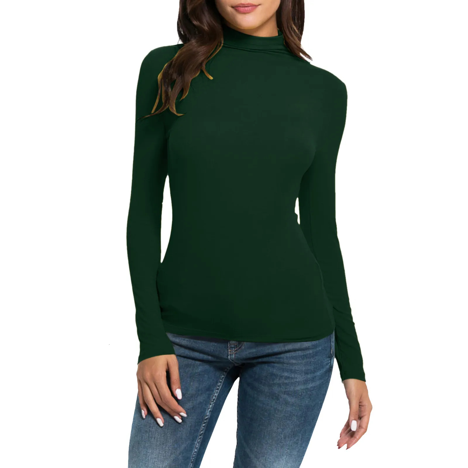 Women Long Sleeve T Shirts Spring Solid Turtleneck Slim Loose Tops Fit Casual Pullover Basic Tee Y2k Crop 250211